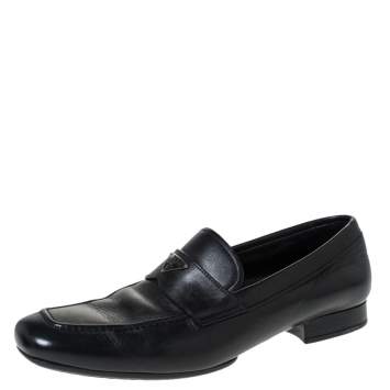 Pre Owned Prada Black Leather Logo Embellished Slip On Loafers Size 42