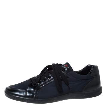 Pre Owned Prada Black Leather And Nylon Lace Up Sneakers Size 43.5