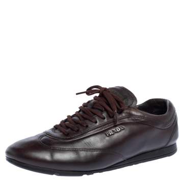 Pre Owned Prada Sport Dark Brown Leather Lace Up Low Top Sneakers Size 43