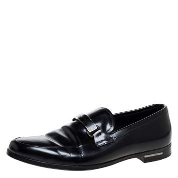 Pre Owned Prada Black Leather Plate Bit Logo Loafers Size 40