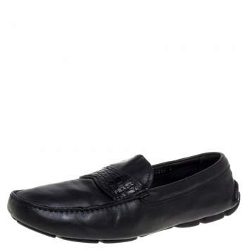Prada Black Leather Slip On Loafers Size 42