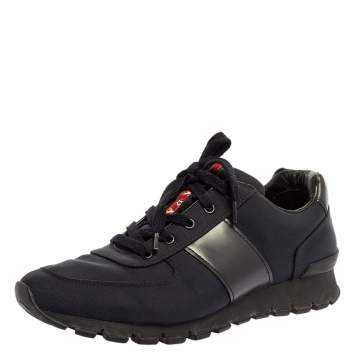 Pre Owned Prada Navy Blue/Black Nylon and Leather Lace Low Top Sneakers Size 43