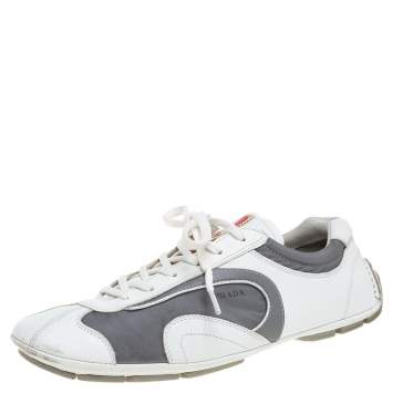 Pre Owned Prada White/Grey Leather and Nylon Low Top Sneakers Size 42