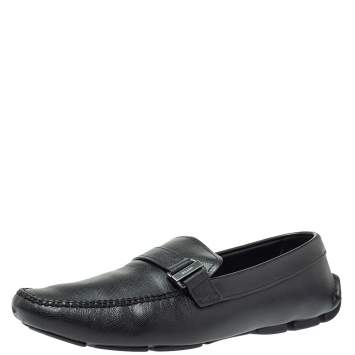 Pre Owned  Prada Black Leather Logo Buckle Slip On Loafers Size 43.5 