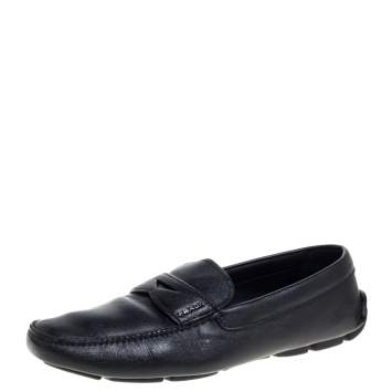 Pre Owned Prada Black Leather Penny Slip On Loafers Size 44