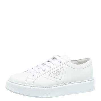 Pre Owned Prada White Leather Soft Calf Sneakers Size 43
