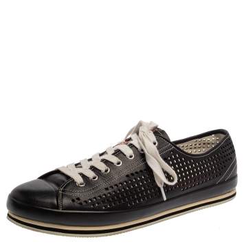 Pre Owned Prada Sport Black Perforated Leather Lace Up Sneakers Size 45