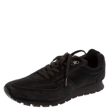 Pre Owned Prada Black Suede/Mesh Low Top Lace Up Sneakers Size 46
