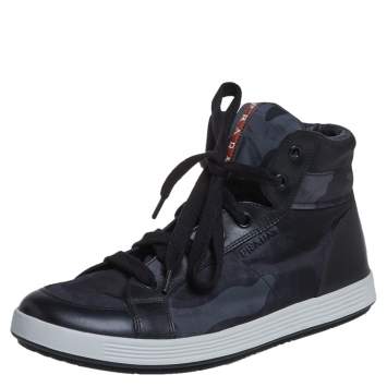 Pre Owned Prada Black Camouflage Canvas And Leather High Top Sneakers Size 43
