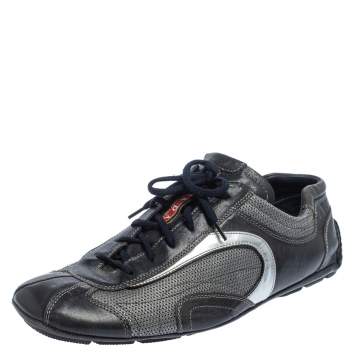 Pre Owned Prada Navy Blue/Silver Leather And Mesh Low Top Sneakers Size 45.5