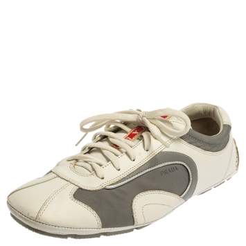 مملوكة مسبقًا Prada White/Grey Nylon And Leather Low Top Sneakers Size 41.5