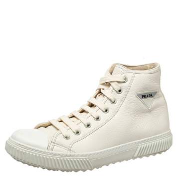 Pre Owned Prada White Leather Cap Toe Logo Patch High Top Sneakers Size 44.5 