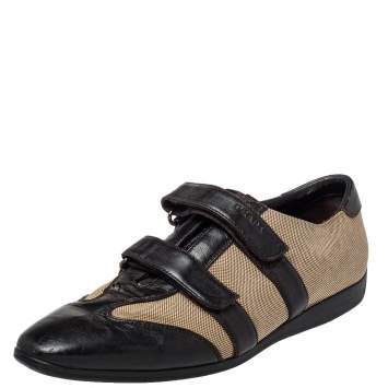 Pre Owned Prada Sport Dark Brown/Beige Canvas and Leather Velcro Sneakers Size 37