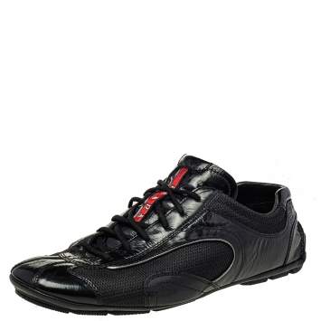 Pre Owned Prada Black Mesh And Patent Leather Low Top Sneakers Size 44