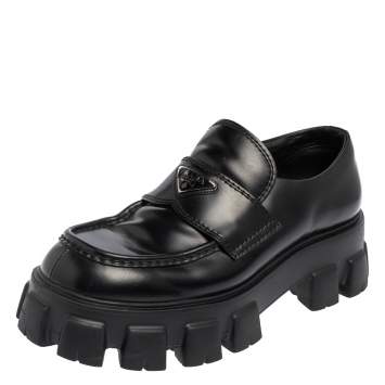 Pre Owned Prada Black Patent Leather Monolith Chunky Loafers Size 42.5