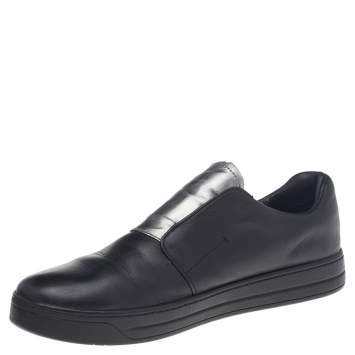 Pre Owned Prada Black/Silver Leather Slip-On Sneakers Size 38