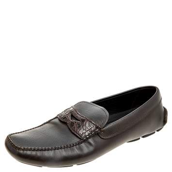 Pre Owned Prada Brown Saffiano Leather And Crocodile Leather Penny Slip On Loafers Size 44