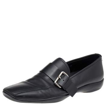 Pre Owned Prada Black Leather Buckle Slip On Loafers Size 44