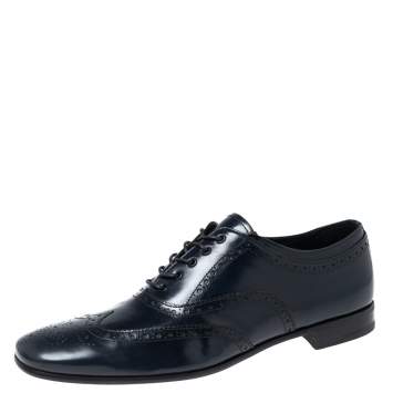 Pre Owned Prada Dark Navy Blue Brogue Leather Oxfords Size 43.5