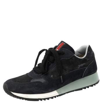 مملوكة مسبقًا Prada Navy Blue Camouflage Canvas And Suede Sneakers Size 37.5