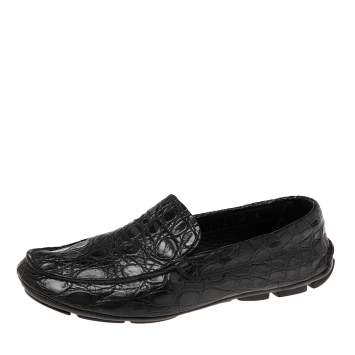 Pre Owned Prada Black Crocodile Leather Slip On Loafers Size 42