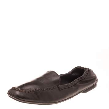 Pre Owned Prada Dark Brown Leather Scrunch Slip On Loafers Size 39.5