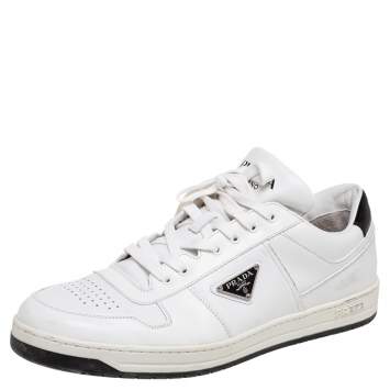 Pre Owned Prada White Leather Downtown Low-Top Sneakers Size 45.5