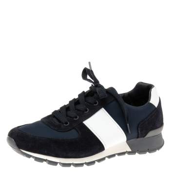 مملوكة مسبقًا Prada Navy Blue Camouflage Canvas And Suede Sneakers Size 42.5
