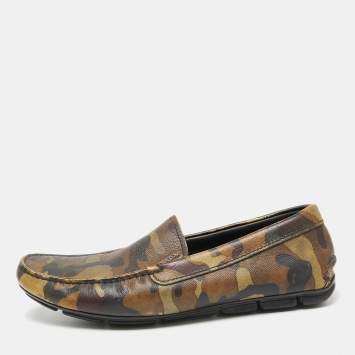 Pre Owned Prada Green Camo Print Leather Slip On Loafers Size 39.5 