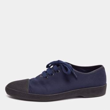 Pre Owned Prada Navy Blue/Black Canvas and Textured Rubber Cap-Toe Low-Top Sneakers Size 44 1/3