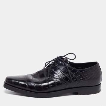 Pre Owned Prada Black Croc Embossed Leather Derby Size 40.5