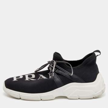 Pre Owned Prada Black/White XY Logo Knit Fabric Sock Sneakers Size 37