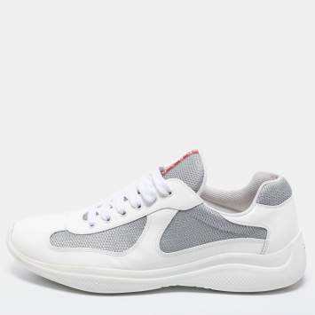 Pre Owned Prada  White/Grey Patent And Fabric Low Top  Sneakers Size 44.5 