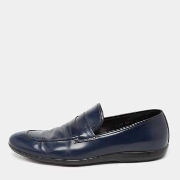 Pre Owned Prada Navy Blue Leather Penny Slip On Loafers Size 44.5