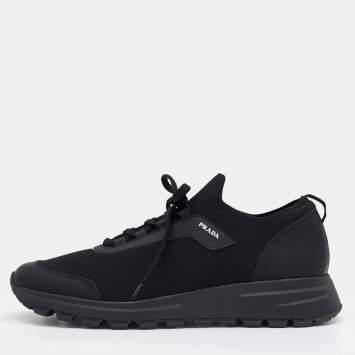 Pre Owned Prada Black Stretch Knit and Leather Prax Low Top Sneakers Size 42