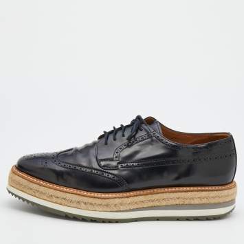 Pre Owned Prada Black Brogue Leather Wingtip Espadrille Platform Derby Size 45