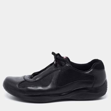 Pre Owned Prada Black Leather And Knit Fabric Low Top Sneakers Size 45
