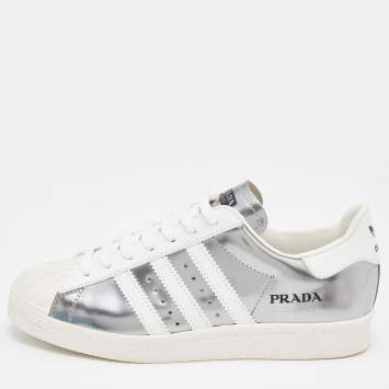 Pre Owned Prada x Adidas White/Silver Leather Superstar Low Top Sneakers Size 39 1/3