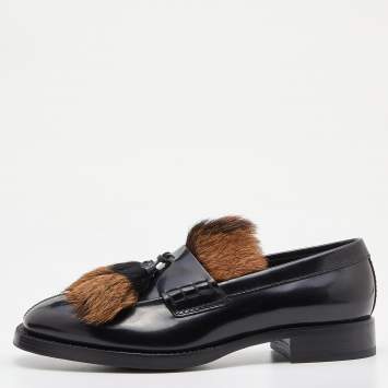 Pre Owned Prada Black Leather and Calf Hair Tassel Slip on Loafers Size 42.5