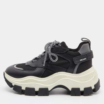 Pre Owned Prada Black/Grey Leather and Fabric Low Top Sneakers Size 39