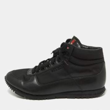 Pre Owned Prada Black Leather and Canvas High Top Sneakers Size 41