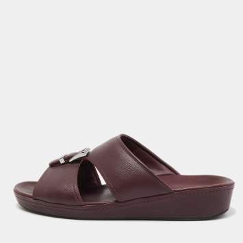 Prada Burgundy Saffiano Leather Buckle Slide Sandals Size 43.5