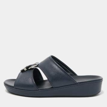 Prada Navy Blue Saffiano Leather Slides Size 40