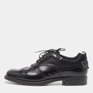 Prada Black Brogue Leather and Mesh Lace Up Oxford Size 41 
