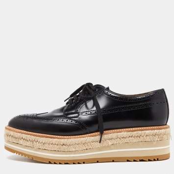 Prada Black Brogue Leather Wave Wingtip Espadrille Platform Derby Sneakers Size 42.5