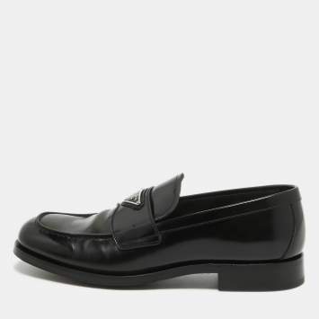 Pre Owned Prada Black Leather Logo Plaque Loafers Size 42