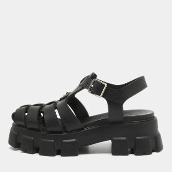 Pre Owned Prada Black Rubber Platform Ankle Strap Sandals Size 41