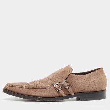 Prada Brown Textured Suede Monk Strap Loafers Size 43