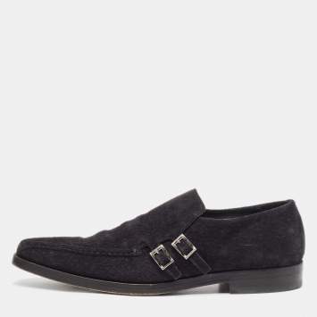 Pre Owned Prada Navy Blue Textured Suede Monk Derby Size 43