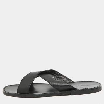 Pre Owned Prada Black Leather Crisscross Flat Slides Size 42